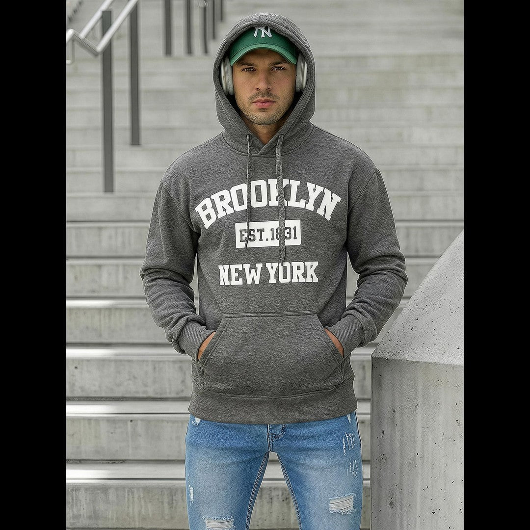 Grå hoodie för herr med Brooklyn New York-tryck i streetwear-stil