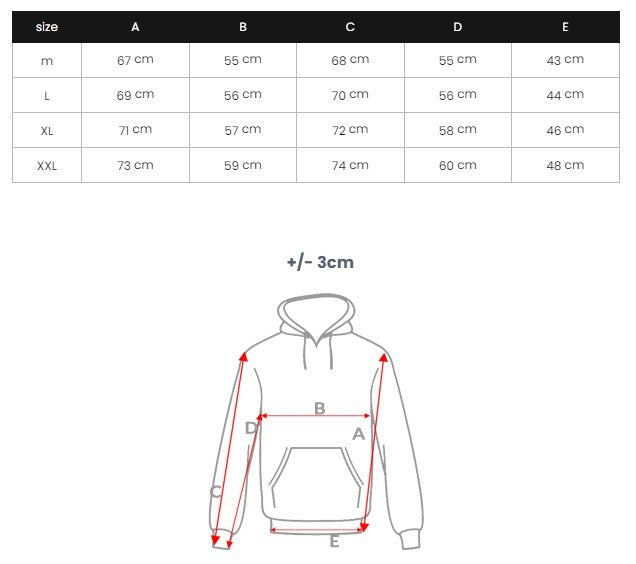 Hoodie Herr med tryck runt hela tröjan storlekstabell
