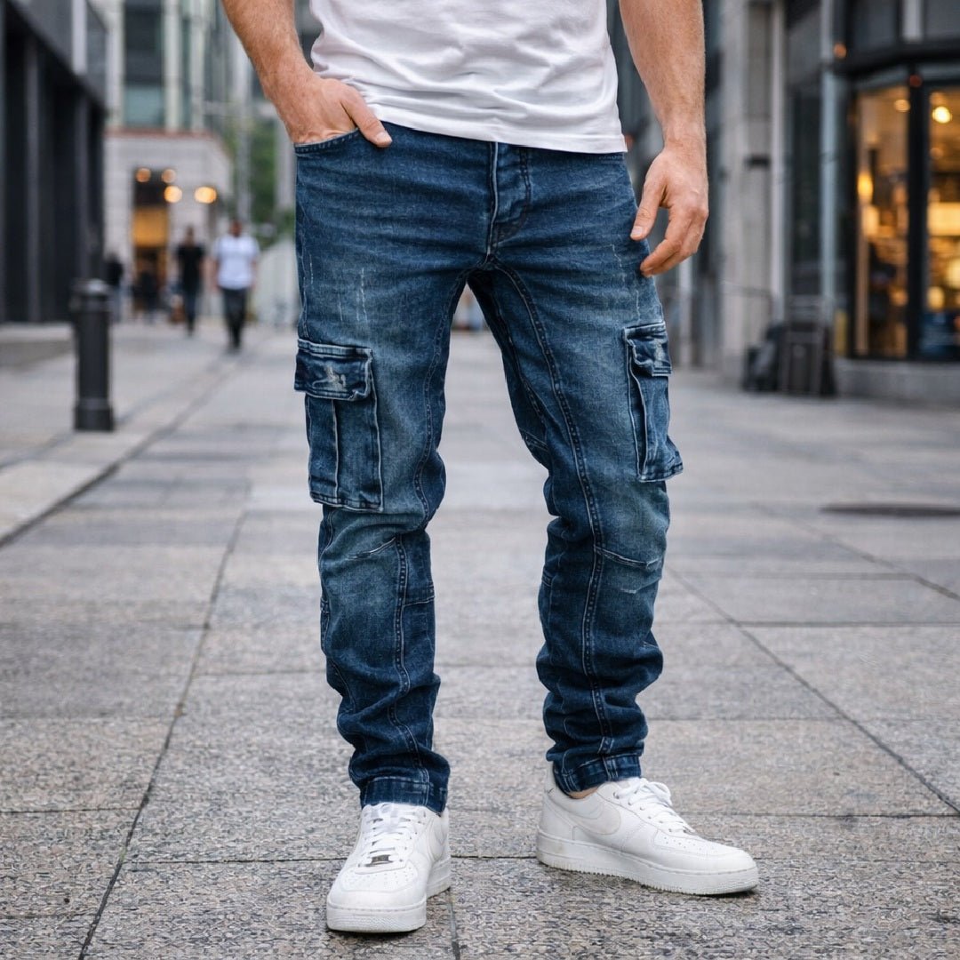 Cargojeans 559 kr - Jeans med cargofickor på bägge benen mörkblå