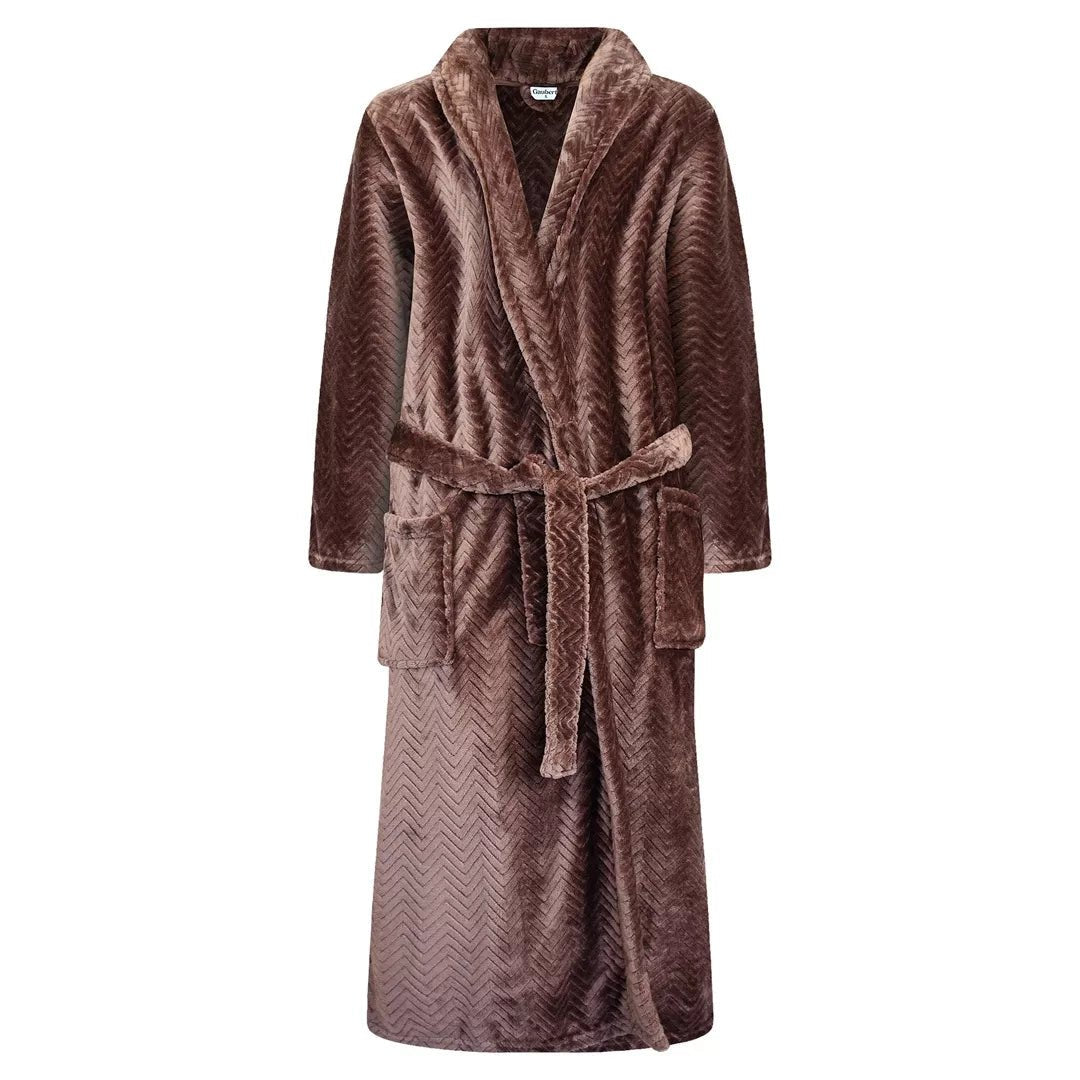 Gaubert® kaffefärgad morgonrock i coral fleece med präglat fiskbensmönster och sjalkrage