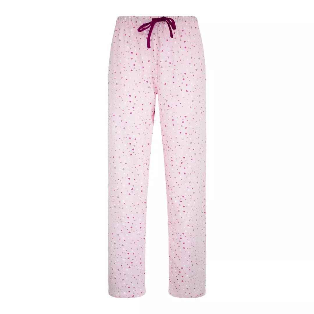 Ljusrosa pyjamasbyxor för dam i 100% bomull med hjärtmönster och dragsko från Gaubert®