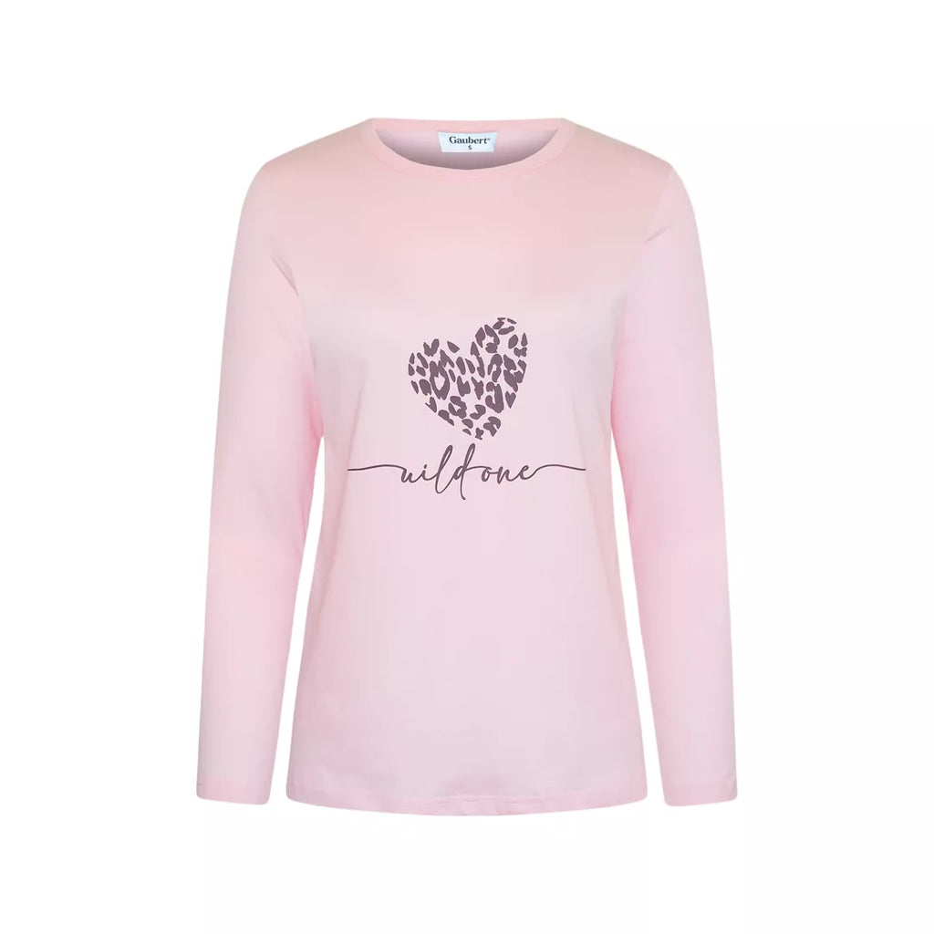 Rosa långärmad pyjamaströja för dam i 100% bomull med Wild One-tryck från Gaubert®