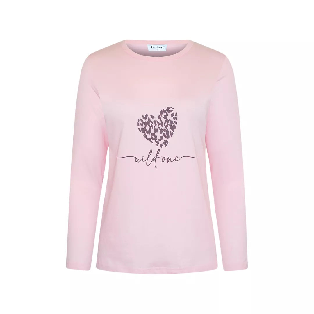 Rosa långärmad pyjamaströja för dam i 100% bomull med Wild One-tryck från Gaubert®