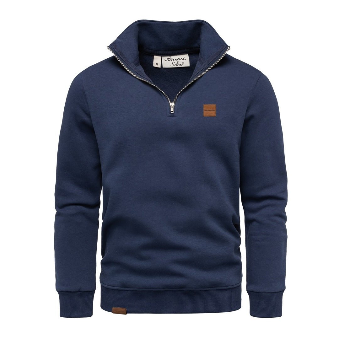 Marinblå half zip tröja herr med hög krage från Amaci & Sons