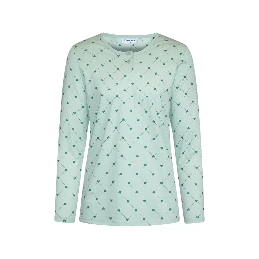 Mintgrön pyjamas dam i 100% bomull från Gaubert med långärmad tröja och matchande hjärtmönstrade långbyxor  bild framifrån
