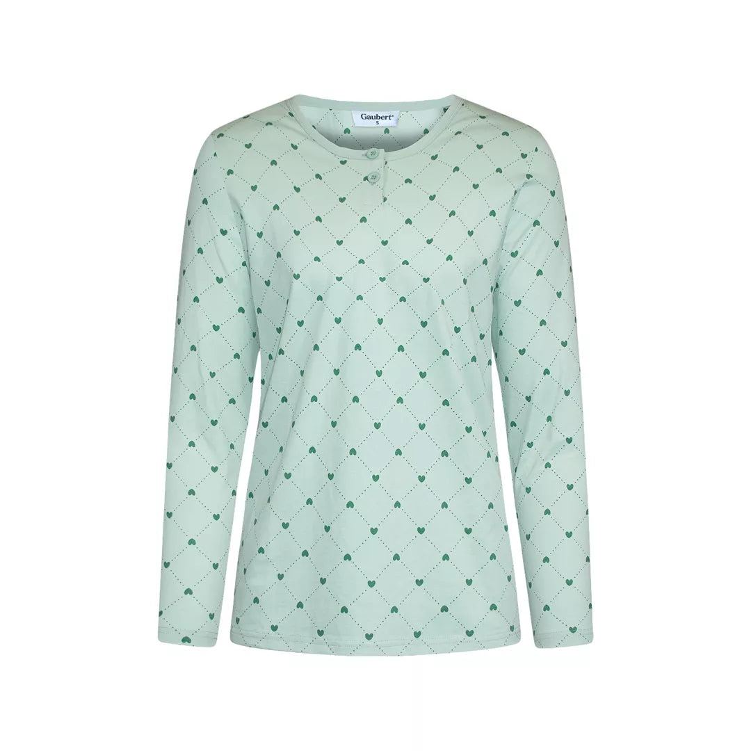 Mintgrön pyjamas dam i 100% bomull från Gaubert med långärmad tröja och matchande hjärtmönstrade långbyxor  bild framifrån