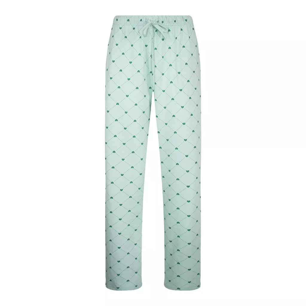 Mintgrön pyjamas dam i 100% bomull från Gaubert med långärmad tröja och matchande hjärtmönstrade långbyxor - pyjamasbyxor