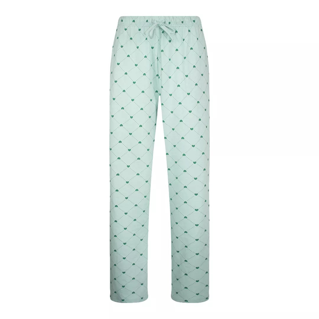 Mintgrön pyjamas dam i 100% bomull från Gaubert med långärmad tröja och matchande hjärtmönstrade långbyxor - pyjamasbyxor