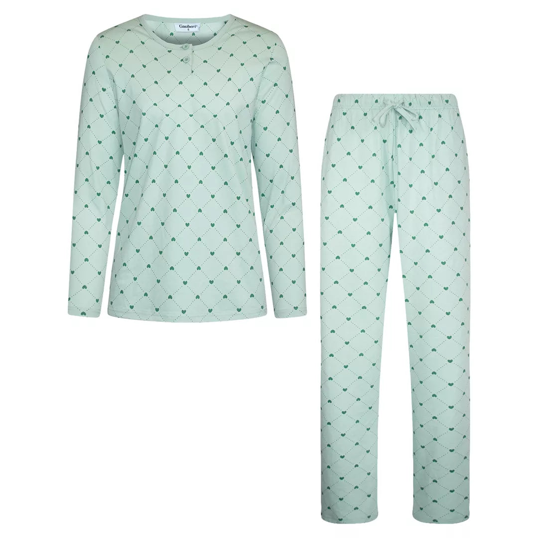 Mintgrön pyjamas dam i 100% bomull från Gaubert med långärmad tröja och matchande hjärtmönstrade långbyxor