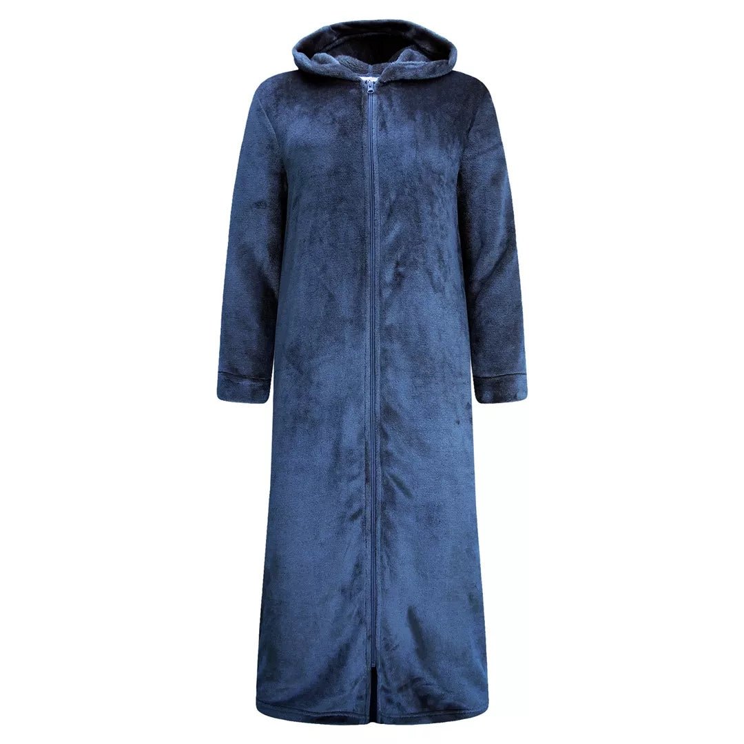 Mörkblå Morgonrock med Dragkedja & Luva för Dam – Extra Lång Fleece Morgonrock från Gaubert® - JHN Sport