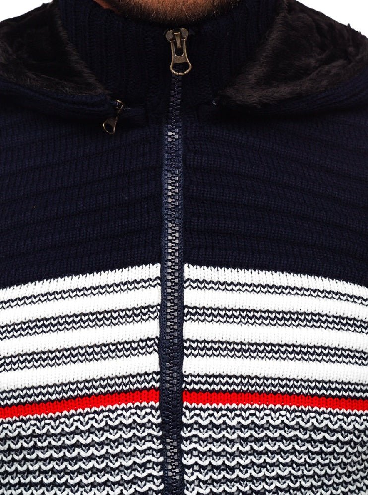Mörkblå zip hoodie - Stickad med avtagbar huva zoomad