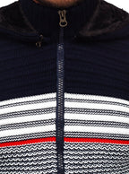 Mörkblå zip hoodie - Stickad med avtagbar huva zoomad