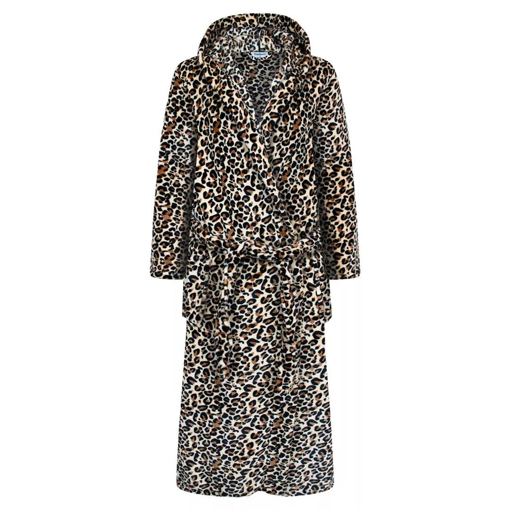 Beige leopardmönstrad fleece morgonrock dam med luva och knytband