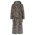 Beige leopardmönstrad fleece morgonrock dam med luva och knytband