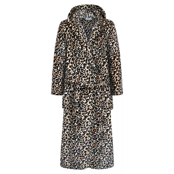 Beige leopardmönstrad fleece morgonrock dam med luva och knytband