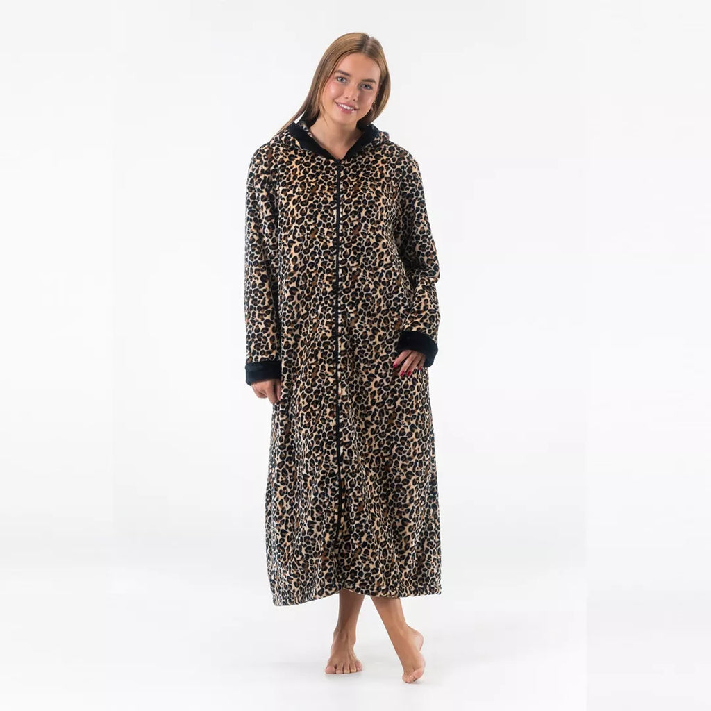 Lång leopard morgonrock dam med dragkedja och luva framifrån