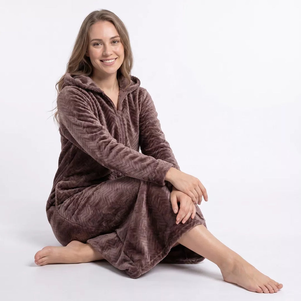 Mjuk fleece morgonrock dam med luva och dragkedja i brun Coffee