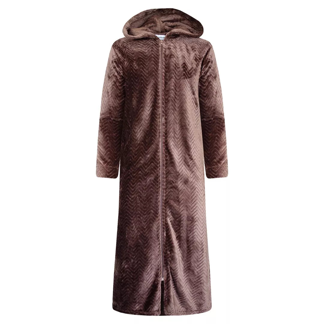 Morgonrock dam med dragkedja och luva i lång brun coral fleece
