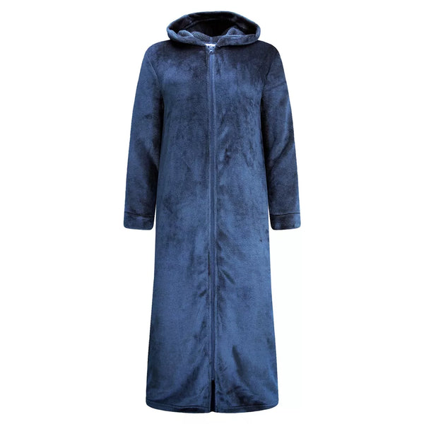 Mörkblå extra lång morgonrock med dragkedja och luva för dam från Gaubert i mjuk Premium Coral Fleece.