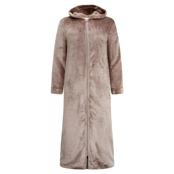 Sandbeige extra lång morgonrock med dragkedja och luva för dam från Gaubert i mjuk Premium Coral Fleece.