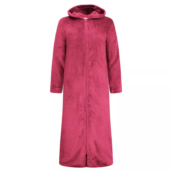 Vinröd extra lång morgonrock med dragkedja och luva för dam från Gaubert i mjuk Premium Coral Fleece.