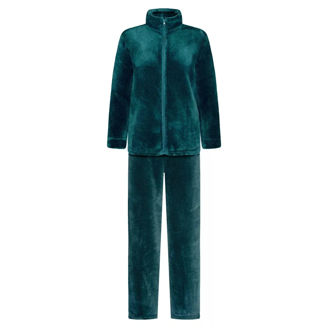 Myskläder dam fleece mörkgrön Gaubert fleeceset med dragkedja framifrån