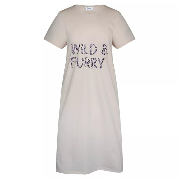 Beige kortärmat nattlinne dam i 100% bomull med Wild & Furry-tryck från Gaubert