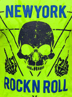 Neongrön t-shirt med spräckligt mönster Rock N Roll zoomad