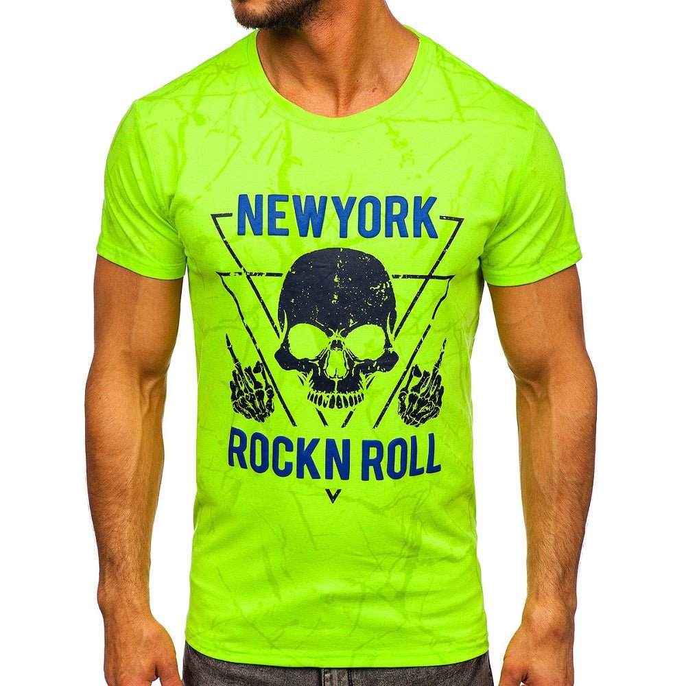 Neongrön t-shirt med spräckligt mönster Rock N Roll framifrån
