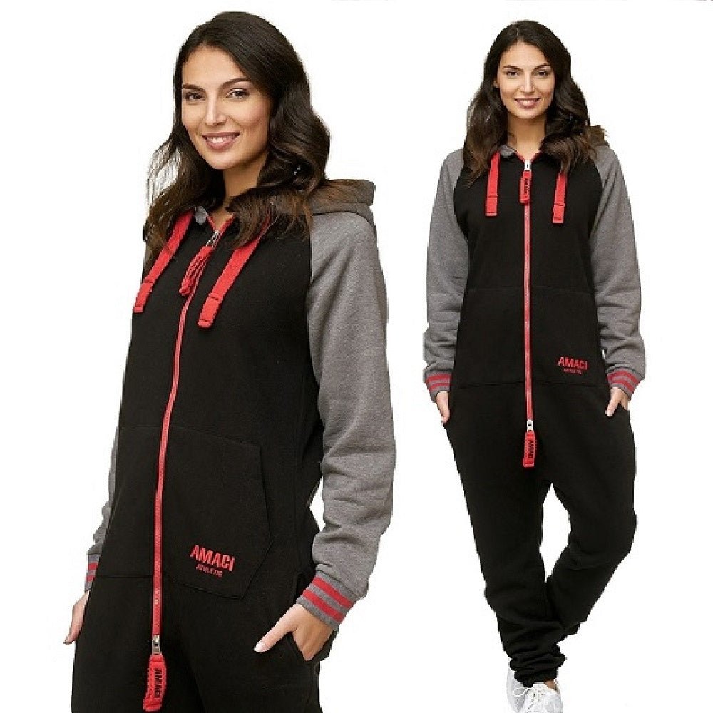 Onesie med luva - superskön jumpsuit svart och röd