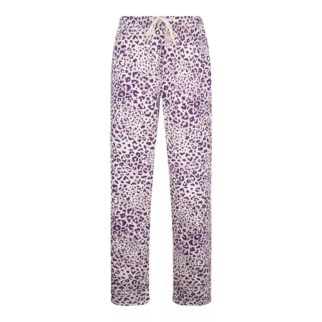Leopardmönstrade pyjamasbyxor för dam i 100% bomull med dragsko och sidofickor
