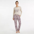 Gaubert® pyjamas dam i 100% bomull med beige långärmad tröja och leopardmönstrade byxor
