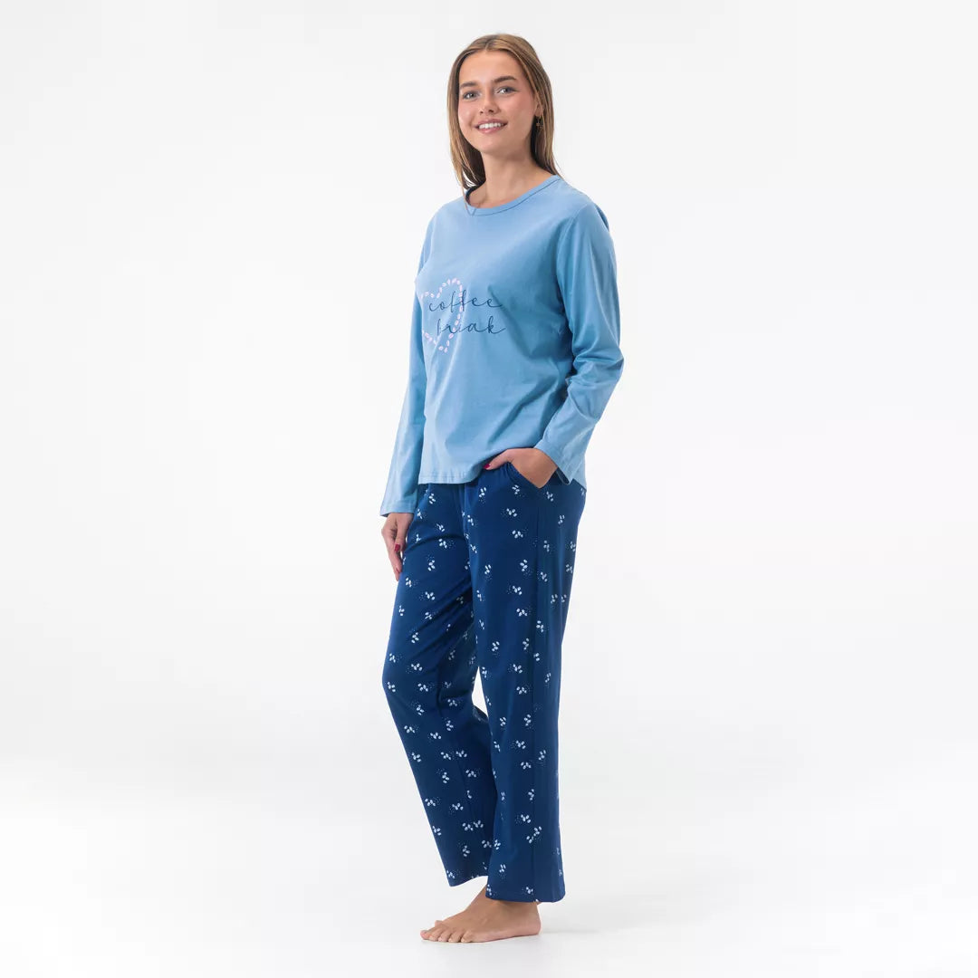 Gaubert® bomullspyjamas för dam med ljusblå tröja och mörkblå pyjamasbyxor i Comfort Fit