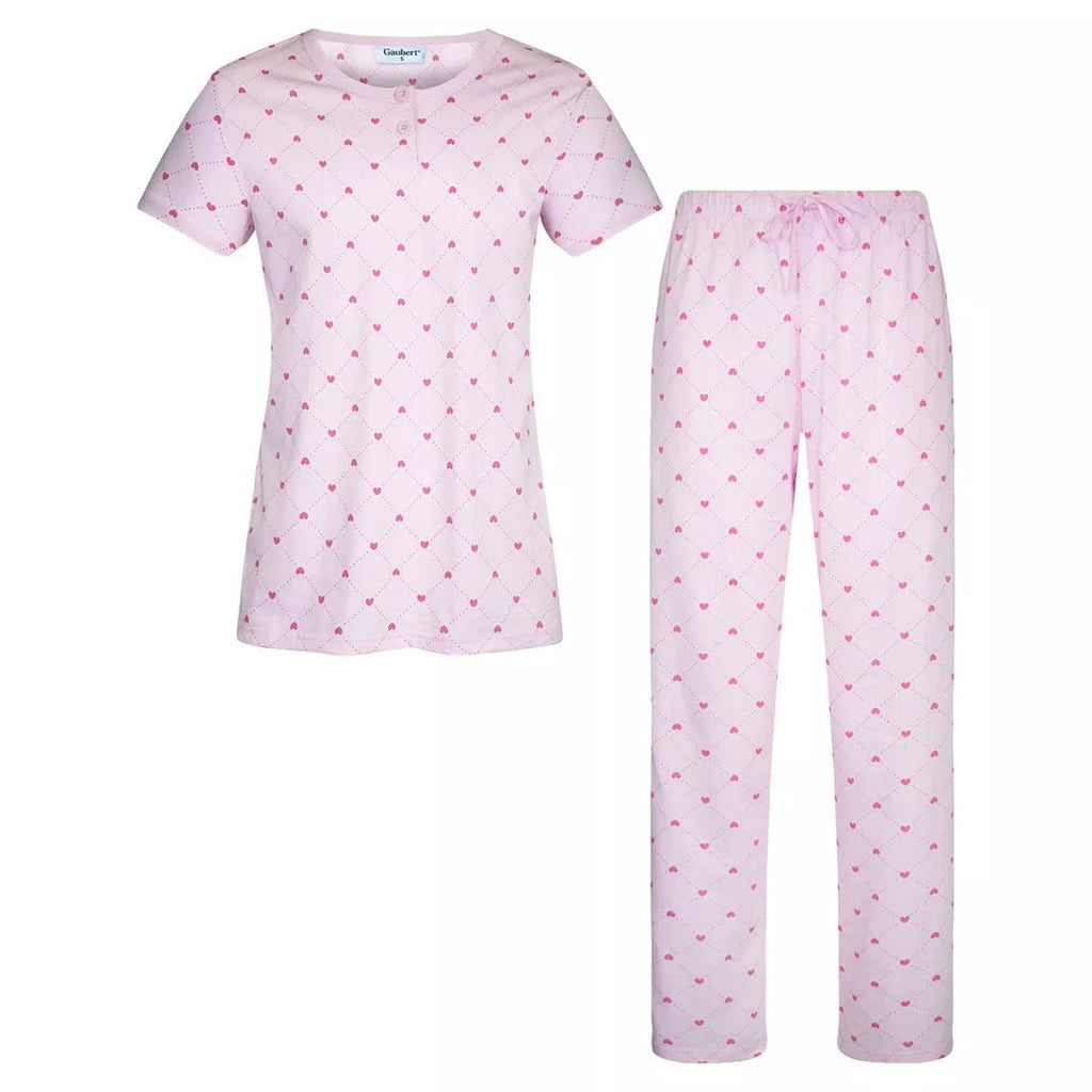 Kortärmad pyjamas dam i 100% bomull från Gaubert med rosa hjärtmönster och långa pyjamasbyxor
