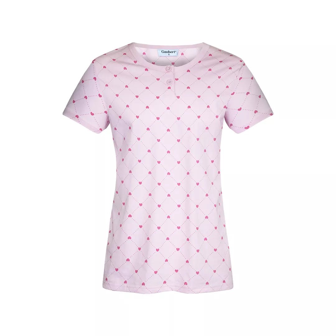 Kortärmad pyjamas dam i 100% bomull från Gaubert med rosa hjärtmönster och långa pyjamasbyxor - tröja framifrån