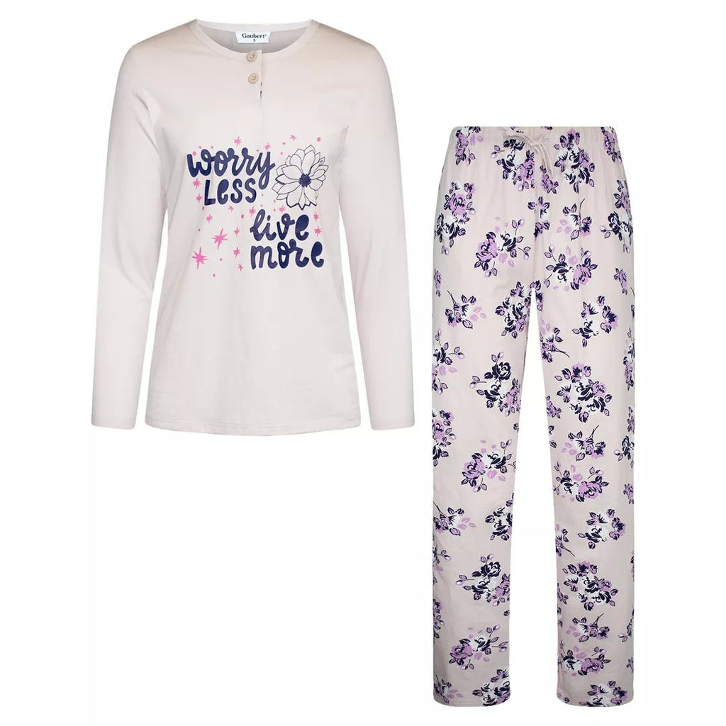 Pyjamas dam 100% bomull från Gaubert med långärmad tröja och blommiga långbyxor