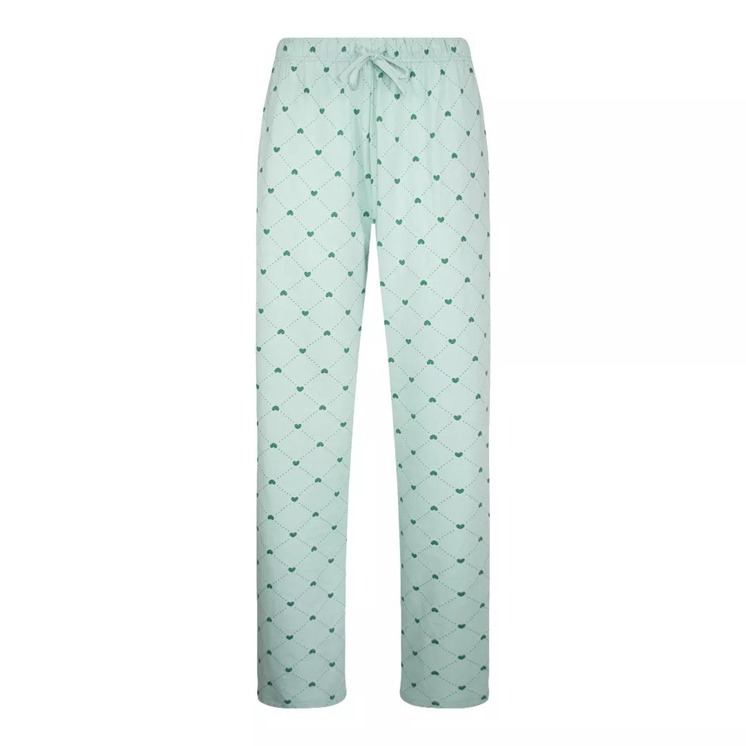 Mintgrön pyjamas dam i 100% bomull från Gaubert med långärmad tröja och matchande hjärtmönstrade långbyxor - pyjamasbyxor