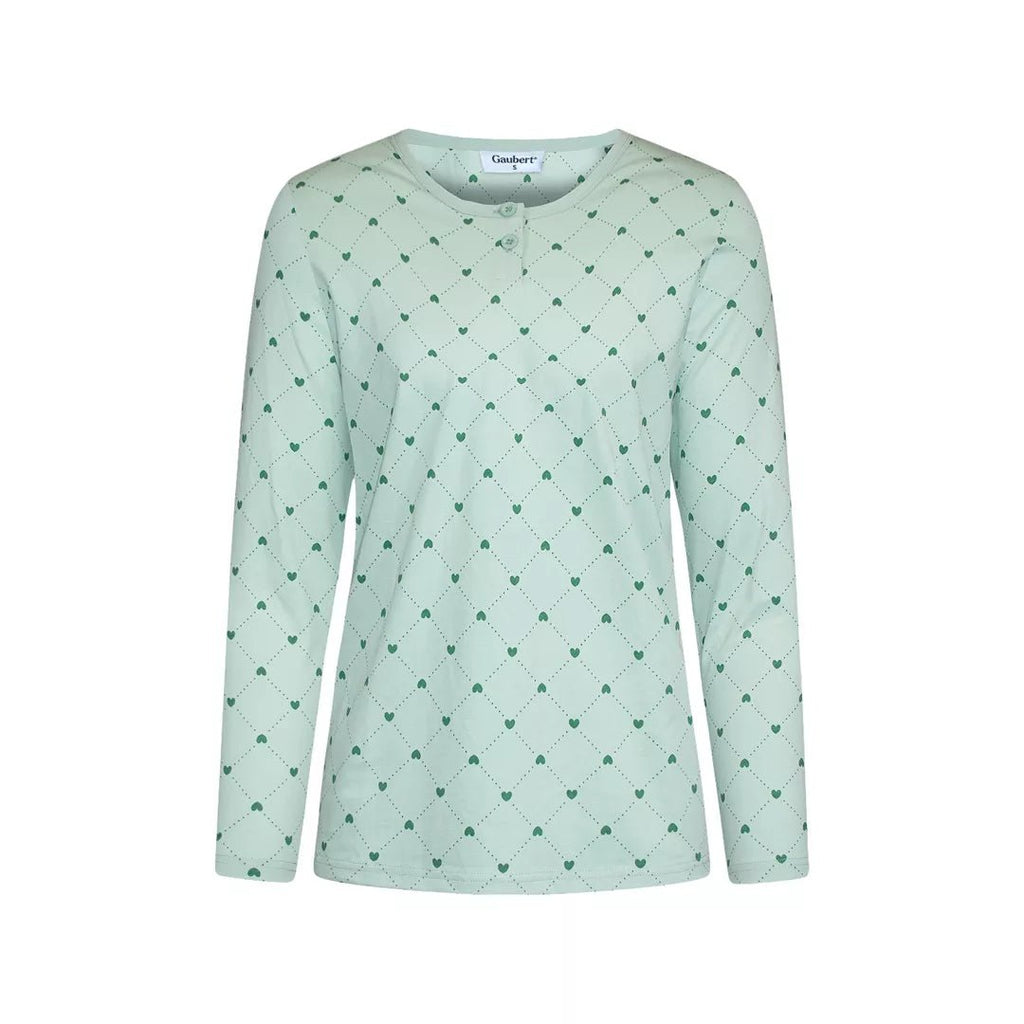Mintgrön pyjamas dam i 100% bomull från Gaubert med långärmad tröja och matchande hjärtmönstrade långbyxor  bild framifrån