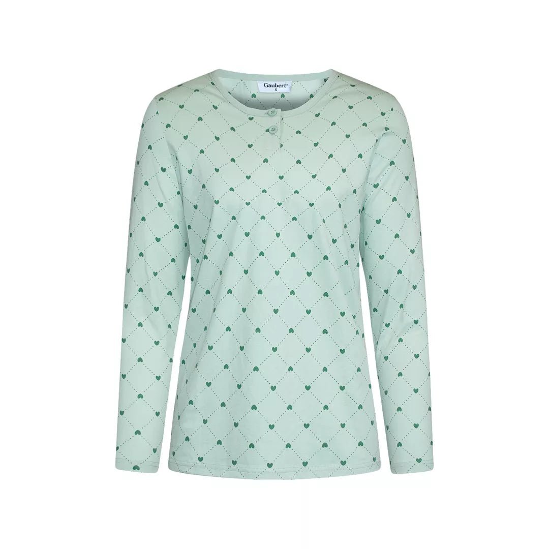 Mintgrön pyjamas dam i 100% bomull från Gaubert med långärmad tröja och matchande hjärtmönstrade långbyxor  bild framifrån