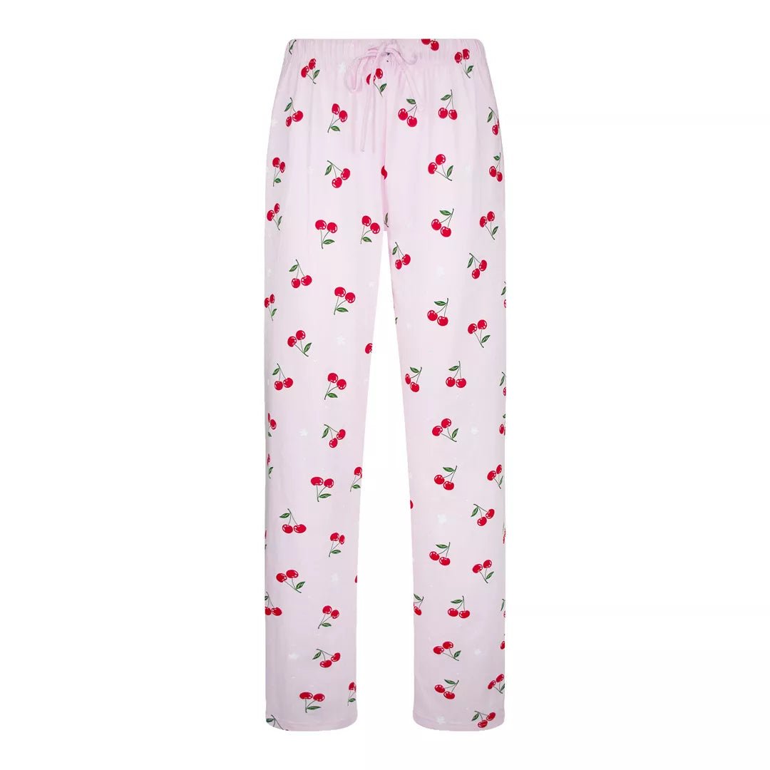 Ljusrosa pyjamasbyxor i 100% bomull med körsbärsmönster och dragsko i midjan