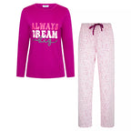 Långärmad pyjamas dam i 100% bomull från Gaubert® med rosa tröja och hjärtmönstrade byxor