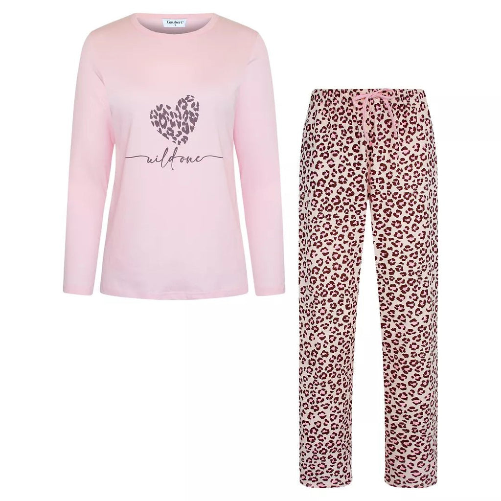 Långärmad rosa pyjamas för dam i 100% bomull med leopardmönstrade byxor från Gaubert®