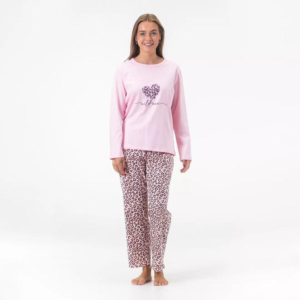 Gaubert® bomullspyjamas för dam med rosa tröja och leopardmönstrade byxor i Comfort Fit