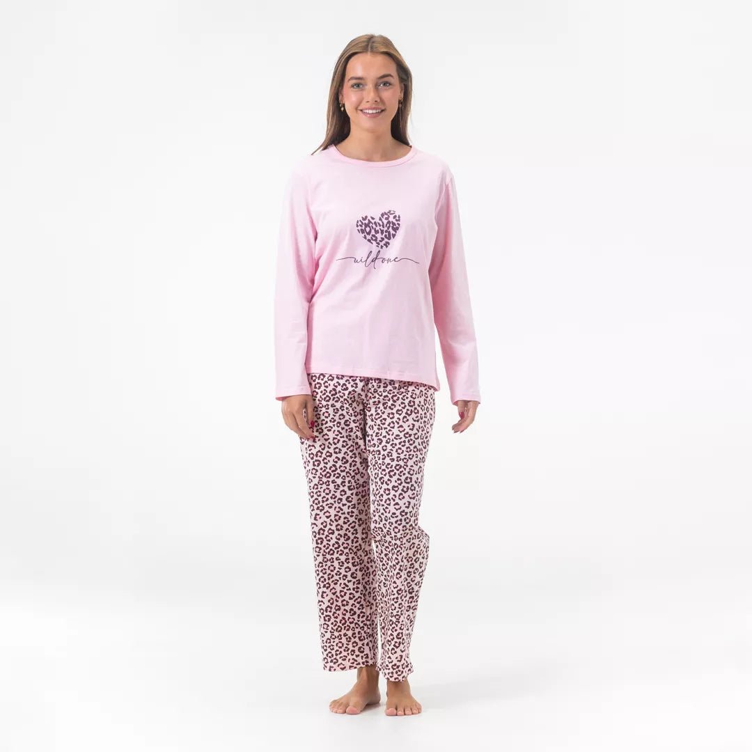 Gaubert® bomullspyjamas för dam med rosa tröja och leopardmönstrade byxor i Comfort Fit