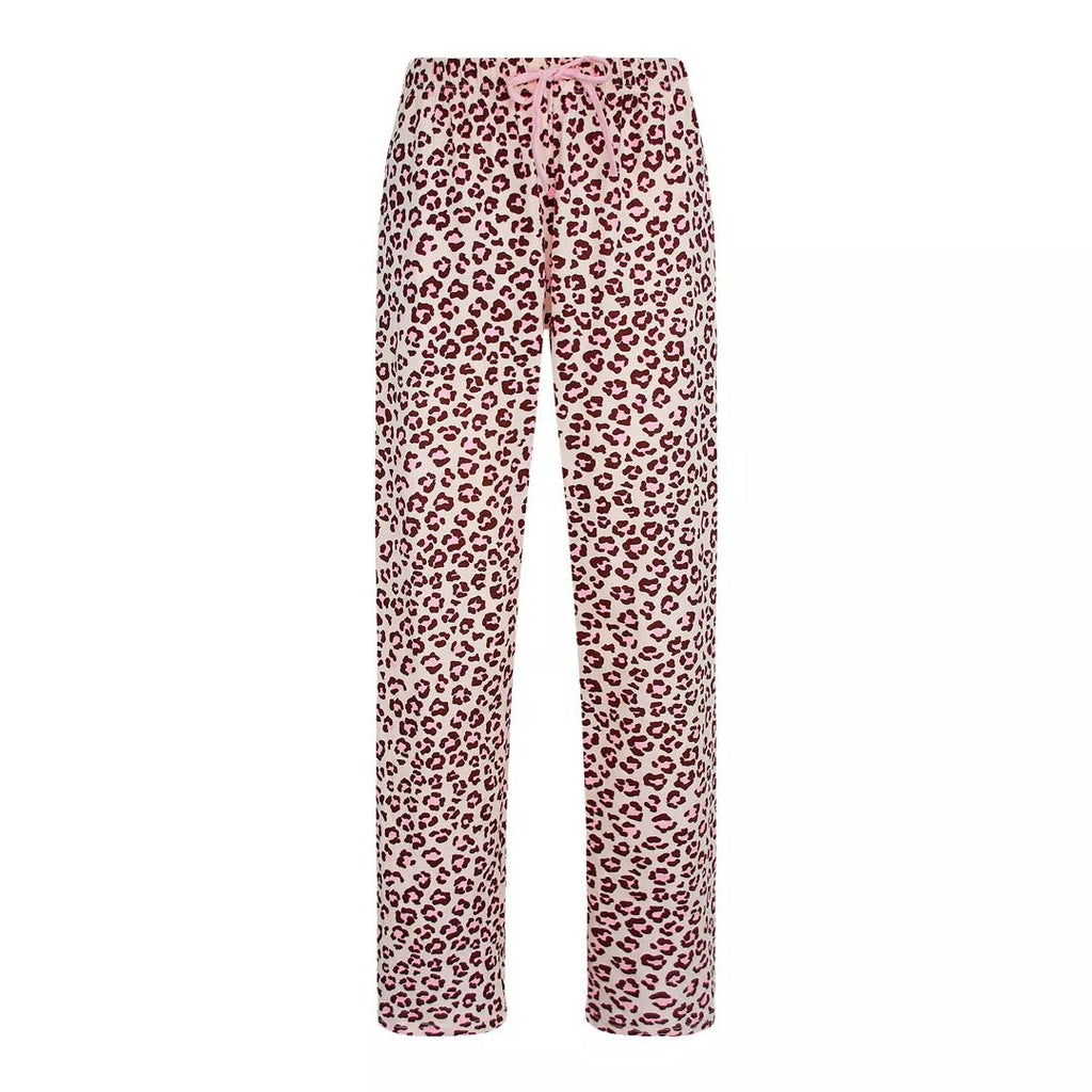 Leopardmönstrade pyjamasbyxor för dam i 100% bomull med dragsko och sidofickor