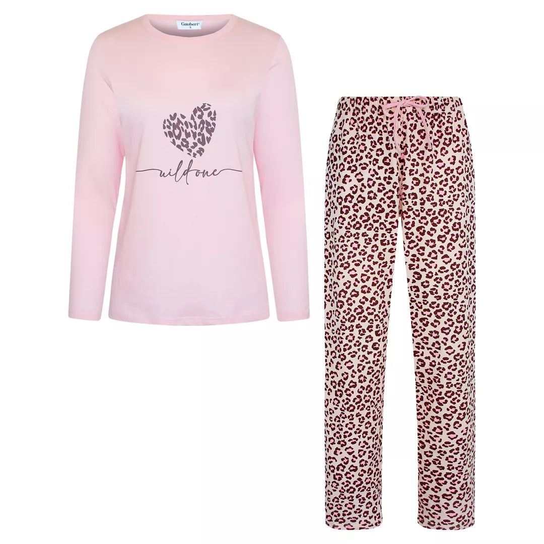Långärmad rosa pyjamas för dam i 100% bomull med leopardmönstrade byxor från Gaubert®