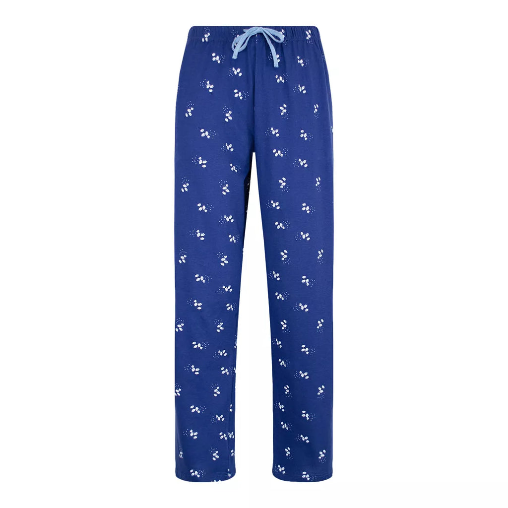 Mörkblå pyjamasbyxor för dam i 100% bomull med blommönster och dragsko