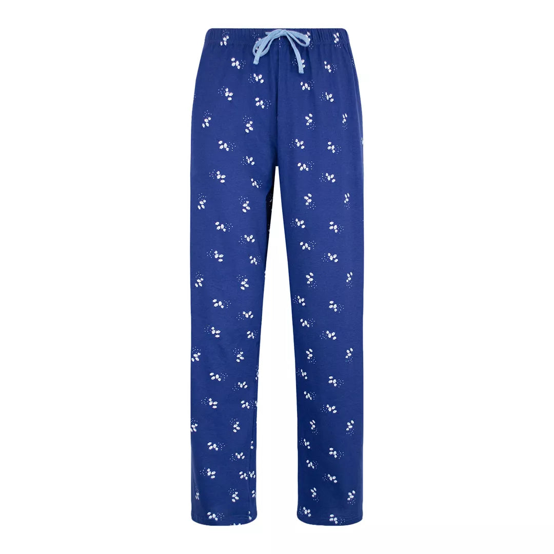 Mörkblå pyjamasbyxor för dam i 100% bomull med blommönster och dragsko