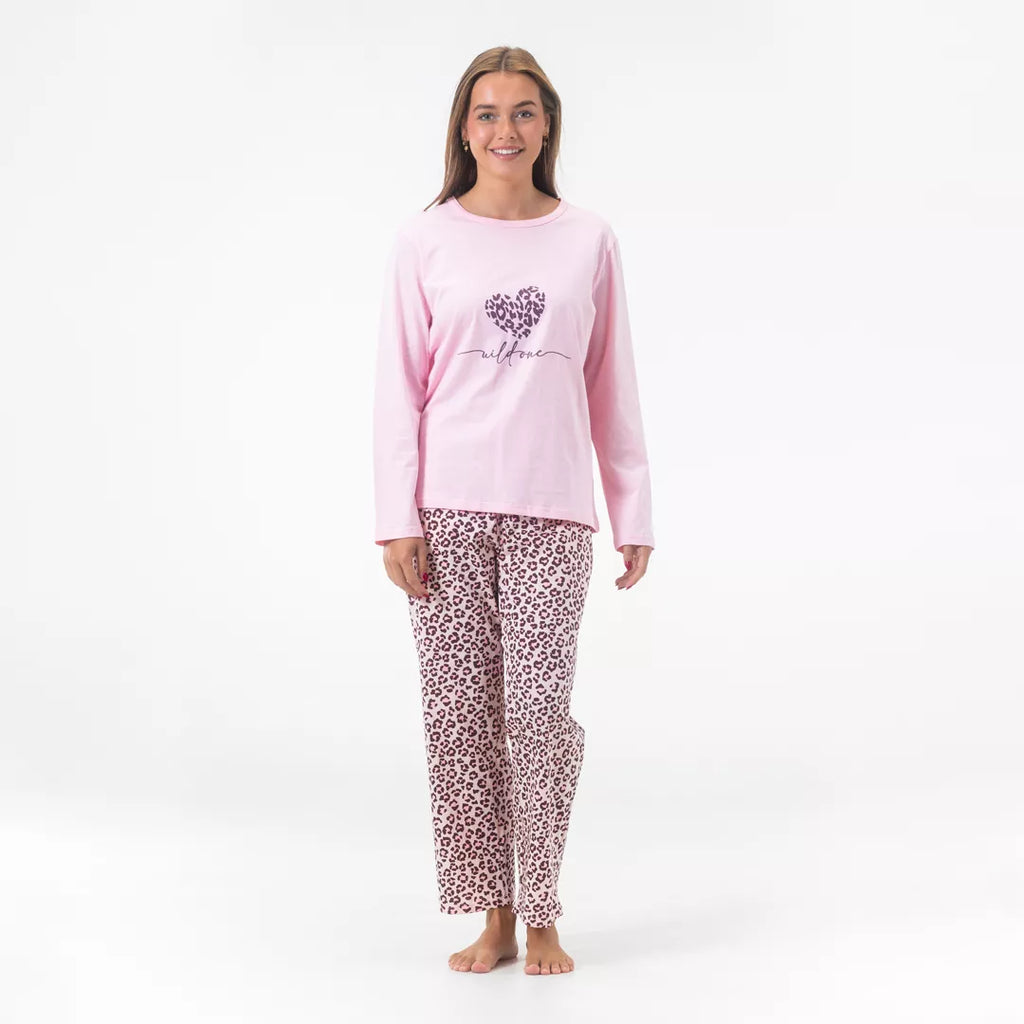 Gaubert® bomullspyjamas för dam med rosa tröja och leopardmönstrade byxor i Comfort Fit