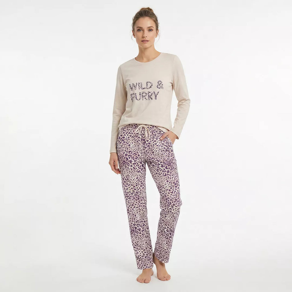 Gaubert® pyjamas dam i 100% bomull med beige långärmad tröja och leopardmönstrade byxor